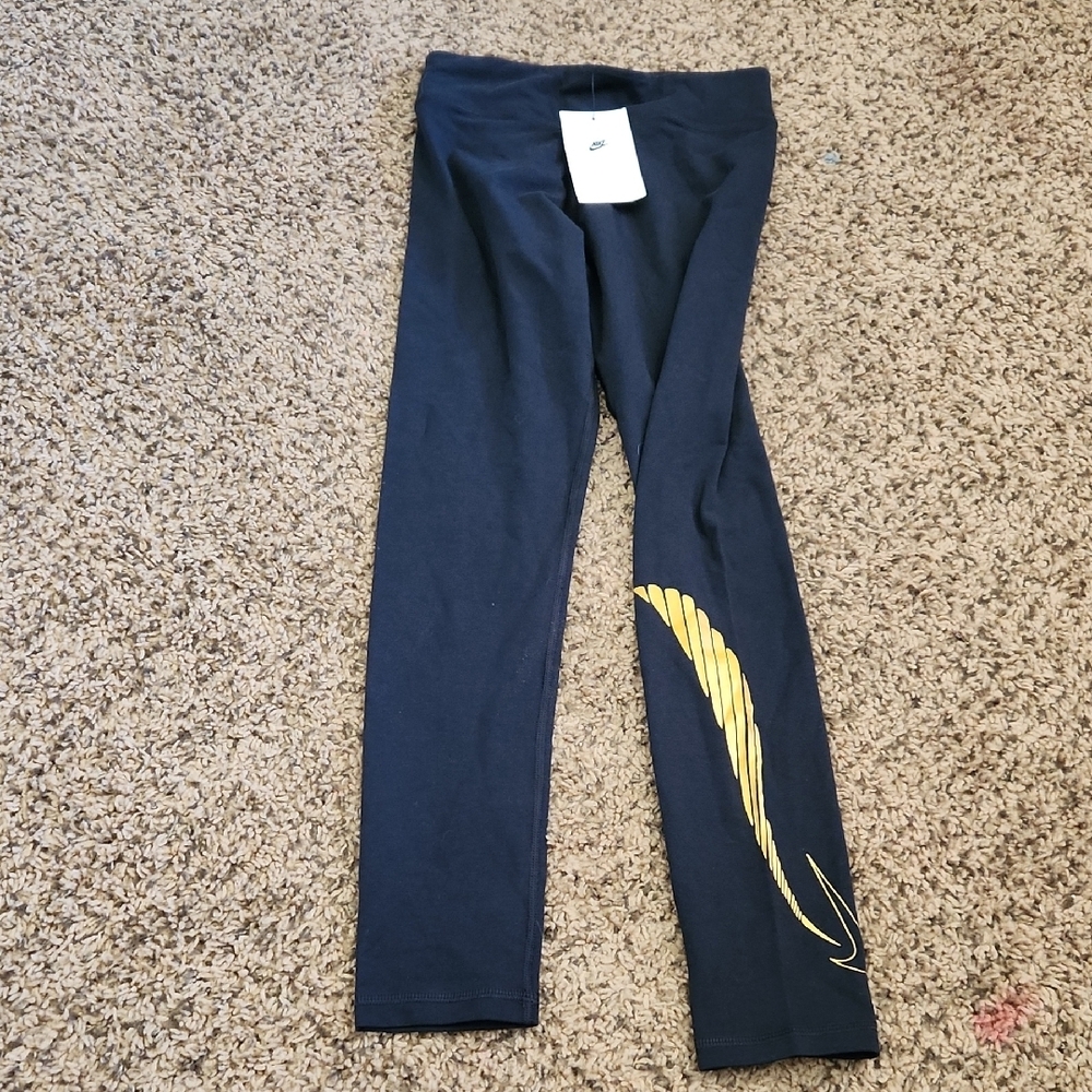 Kids Black Leggings with Gold Feather Design